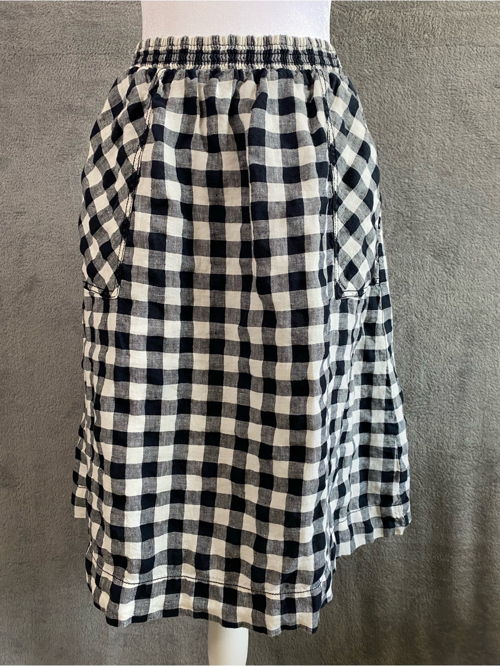 Black White Linen Gingham Midi Skirt S Pockets Elastic Waistband Coastal Cottage